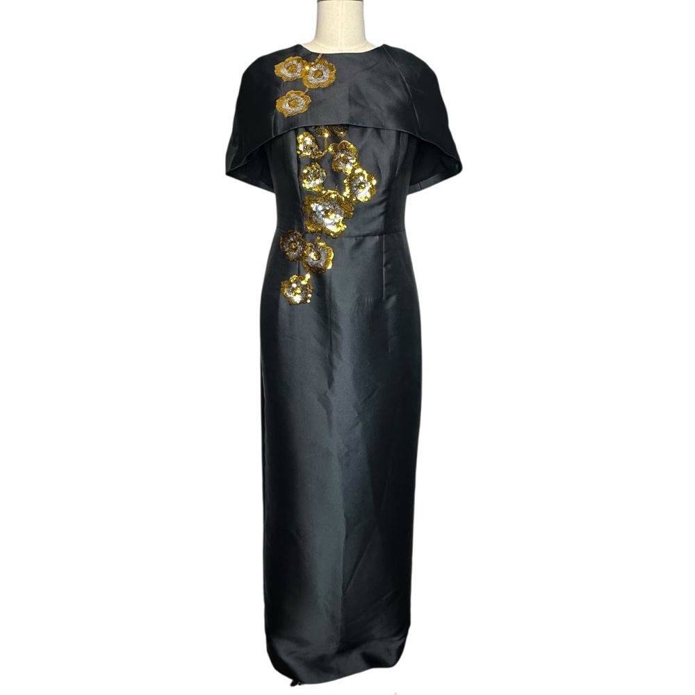 Mestiza Eve Black Capelet Convertible Floral Column Gown| Size 6 - Picture 2 of 14